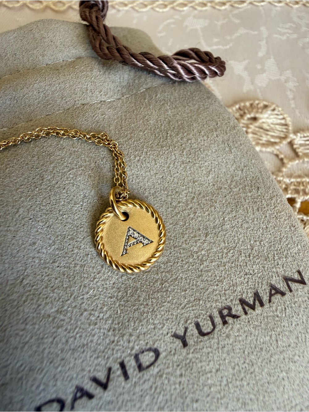 David Yurman 18k Gold with Diamond A - initial charm necklace